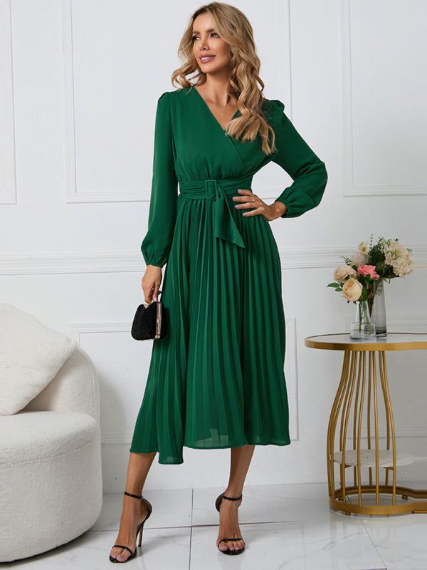 Cosybreezee - Belted V-Neck Gown with Faux-Wrap Sleeves for Women