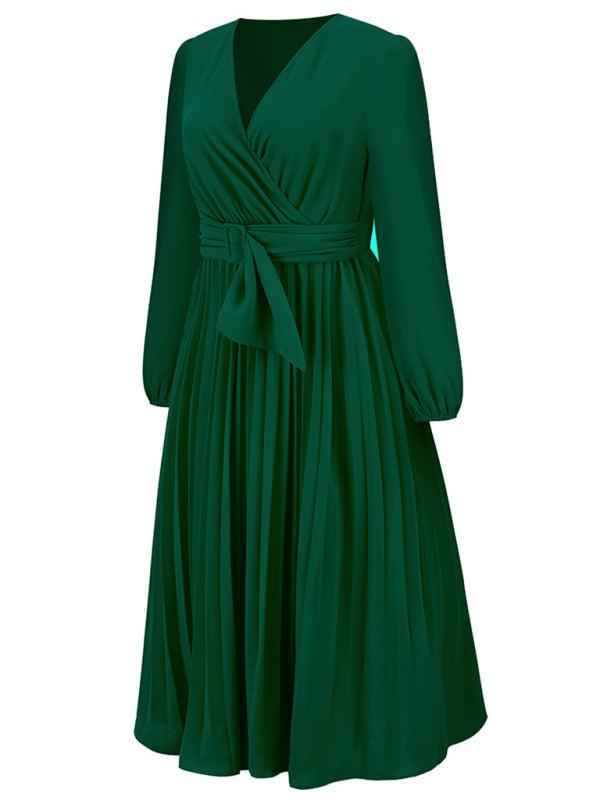 Cosybreezee - Belted V-Neck Gown with Faux-Wrap Sleeves for Women