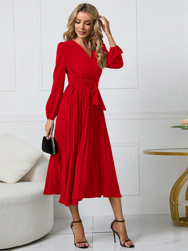 Cosybreezee - Belted V-Neck Gown with Faux-Wrap Sleeves for Women