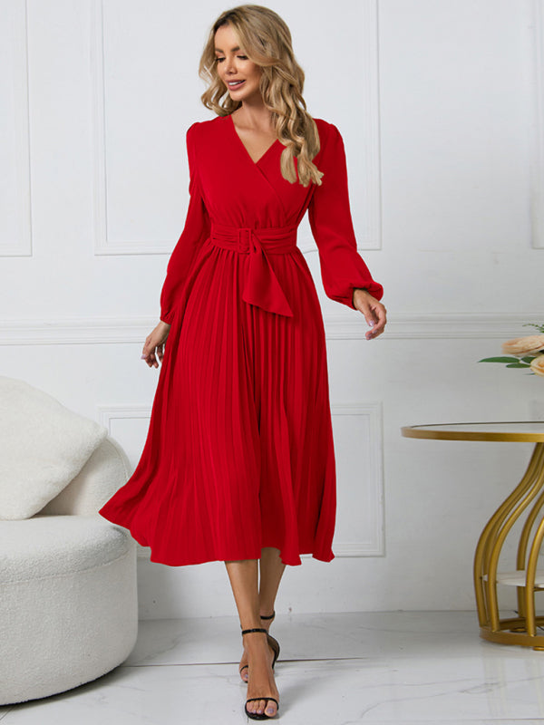 Cosybreezee - Belted V-Neck Gown with Faux-Wrap Sleeves for Women