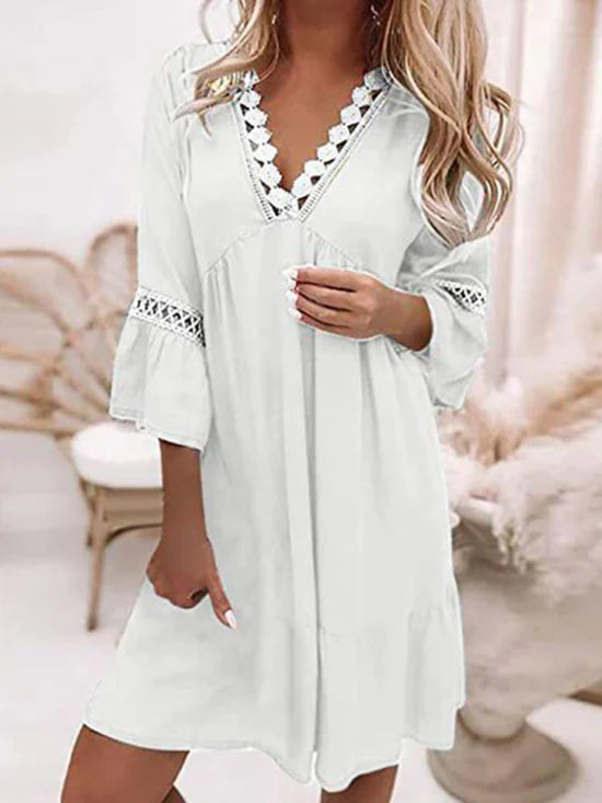 Boho Tunic Swing Dress with 3/4 Sleeves and V Neck