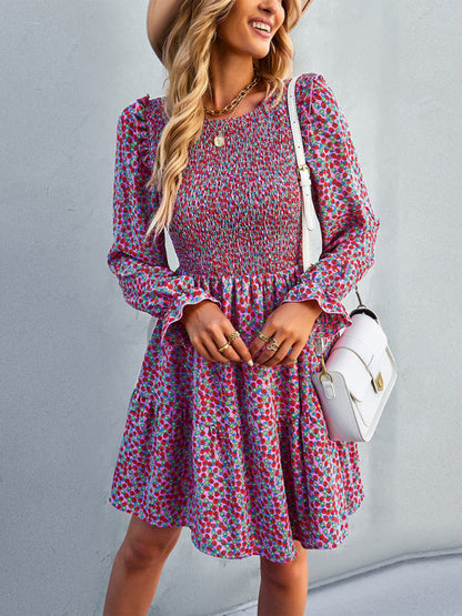 Gown Neck and for Spring A-Line Flowered Skirt Round Long-Sleeved - Summer