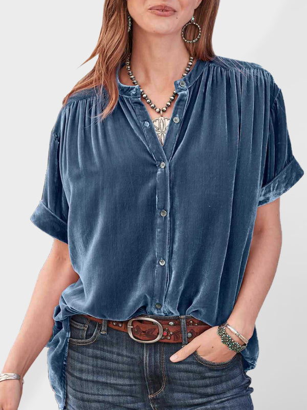 Women's Plush Velvet Button-up Shirt Purplish blue navy clothes shirt shirts short sleeve shirt tops