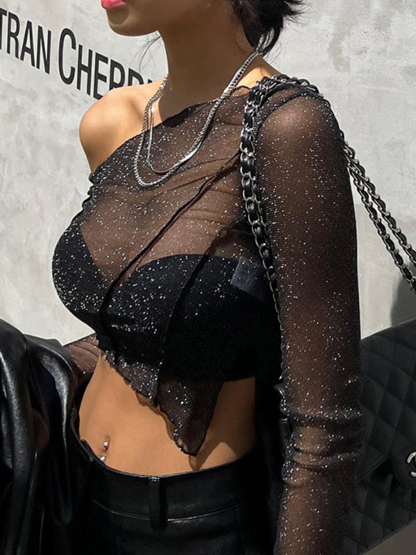 Top Solid Mesh Color for One-shoulder Sexy Crop Sheer Women