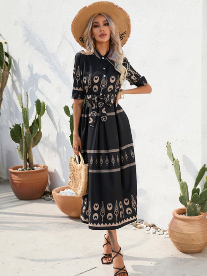 Shirred-waist Patterned Full-Length Crepe Gown for Three-quarter-sleeve Women