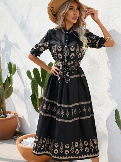 Shirred-waist Patterned Full-Length Crepe Gown for Three-quarter-sleeve Women