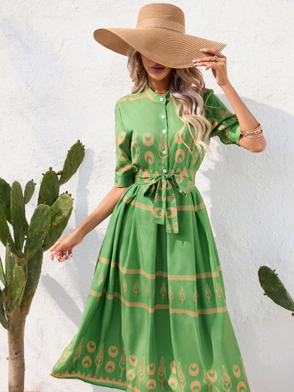 Shirred-waist Patterned Full-Length Crepe Gown for Three-quarter-sleeve Women