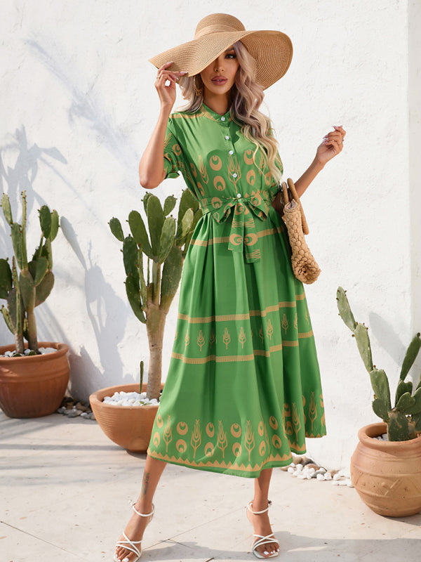 Shirred-waist Patterned Full-Length Crepe Gown for Three-quarter-sleeve Women