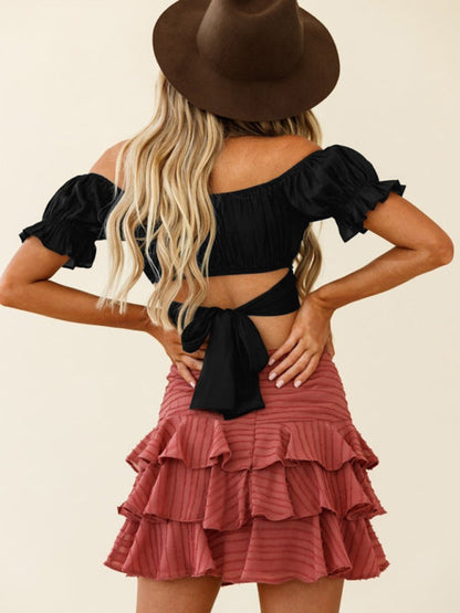 tie-back top crop short-sleeved ruffle women's Oktoberfest top