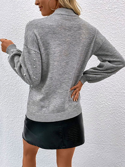 pullover with sweater pearl Solid color loose bead detailing