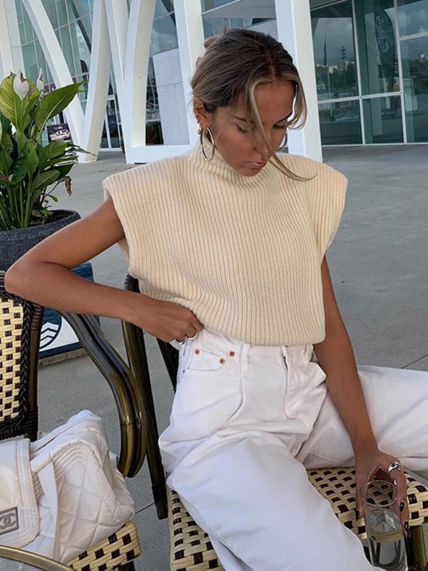 Turtleneck Color Solid Short-Sleeved Sweater Top