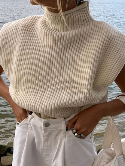 Turtleneck Color Solid Short-Sleeved Sweater Top