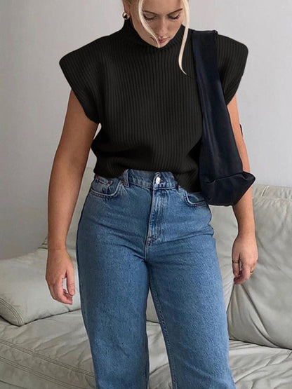 Turtleneck Color Solid Short-Sleeved Sweater Top