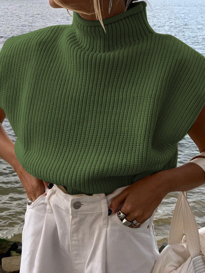 Turtleneck Color Solid Short-Sleeved Sweater Top