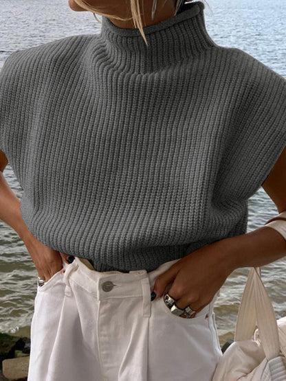 Turtleneck Color Solid Short-Sleeved Sweater Top