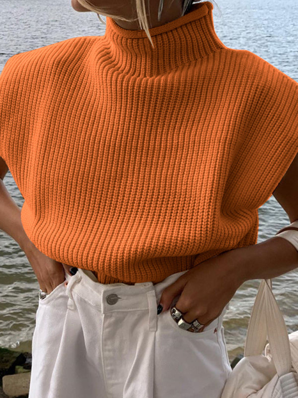 Turtleneck Color Solid Short-Sleeved Sweater Top