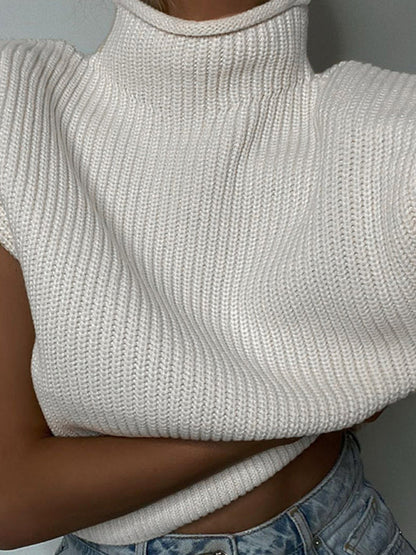 Turtleneck Color Solid Short-Sleeved Sweater Top