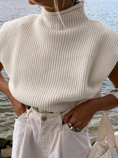 Turtleneck Color Solid Short-Sleeved Sweater Top