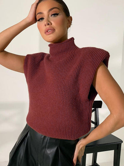 Turtleneck Color Solid Short-Sleeved Sweater Top