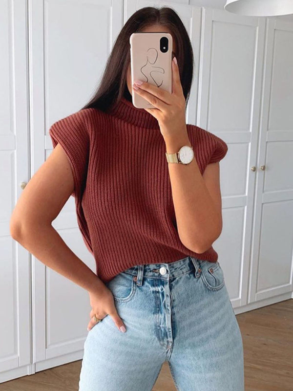 Turtleneck Color Solid Short-Sleeved Sweater Top