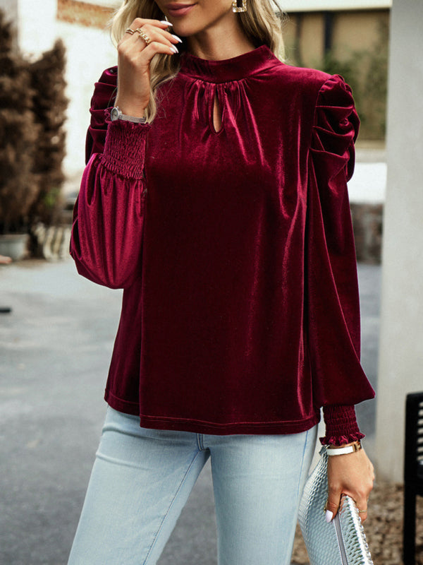 Blouse Turtleneck Puff Gold Bow Arm for Velvet Long Arm Women