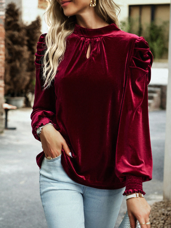 Blouse Turtleneck Puff Gold Bow Arm for Velvet Long Arm Women