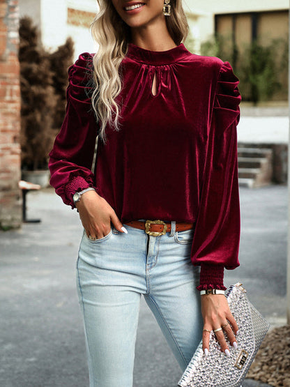 Blouse Turtleneck Puff Gold Bow Arm for Velvet Long Arm Women