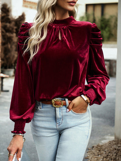 Blouse Turtleneck Puff Gold Bow Arm for Velvet Long Arm Women