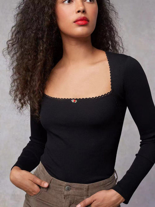 Arm Stretch Flower Boxy Long Thread T-Shirt Body Women's Neck Knitted Top