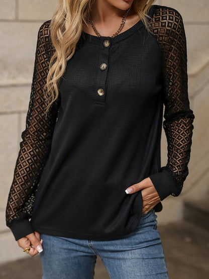 Top for Lace Patchwork V-Neck Long-Sleeved Women