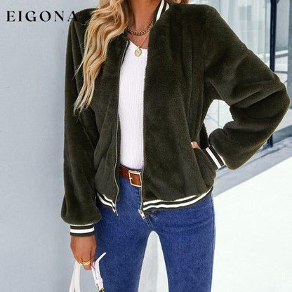 Women's Warm Fleece Long Sleeve Zip Jacket Olive green clothes Jackets & Coats Sweater sweaters