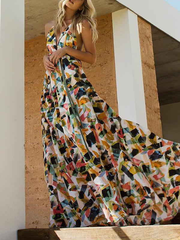 Summer Beach Spaghetti Strap Backless Floral Maxi Dress