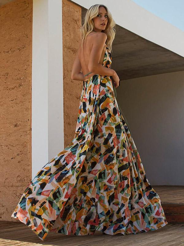 Summer Beach Spaghetti Strap Backless Floral Maxi Dress