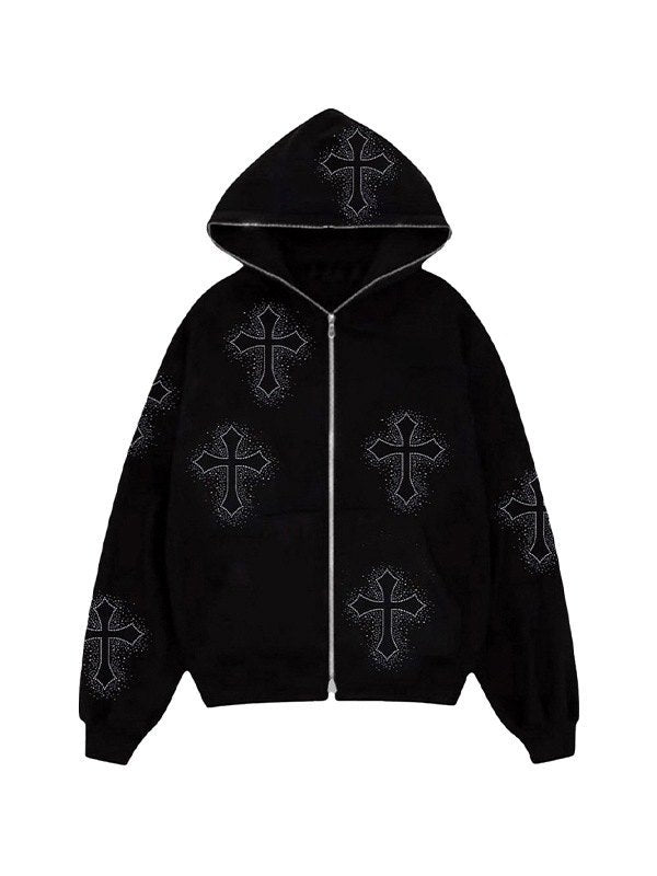 Cosybreezee - Black Zip-Up Hoodie with Rhinestone Cross Pattern