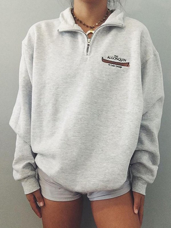 Cosybreezee - Grey Retro Sport Zip-Up Sweatshirt with Printed Slogan