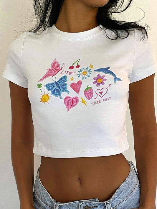 Cosybreezee - White Vintage Fruity Butterfly Print Crop Top