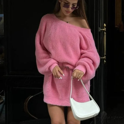 Imitation Mink Off-Shoulder Sweater Pink / One Size swraters-241228