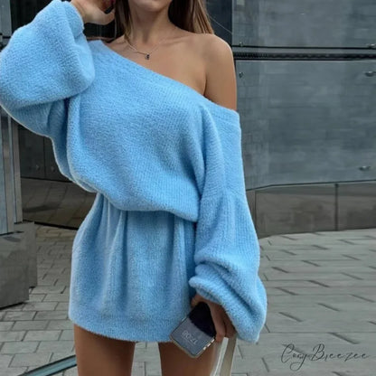 Imitation Mink Off-Shoulder Sweater Sky Blue / One Size swraters-241228