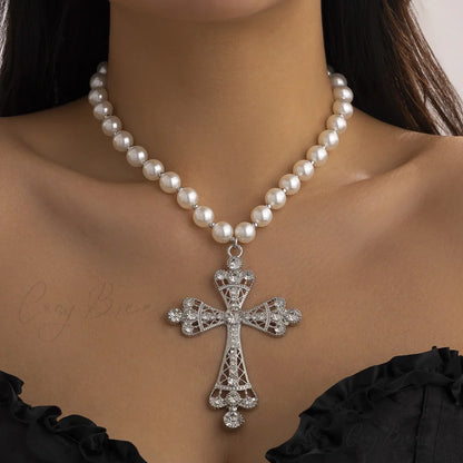 Imitation Pearl Cross Gothic Pendant Necklace SILVER