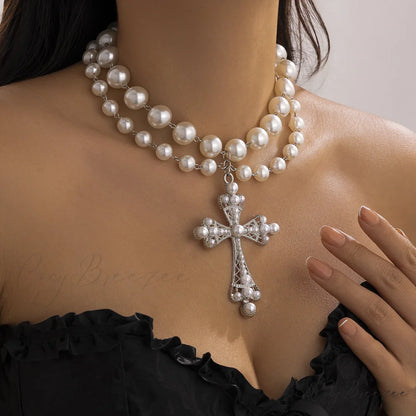 Imitation Pearl Cross Gothic Pendant Necklace WHITE