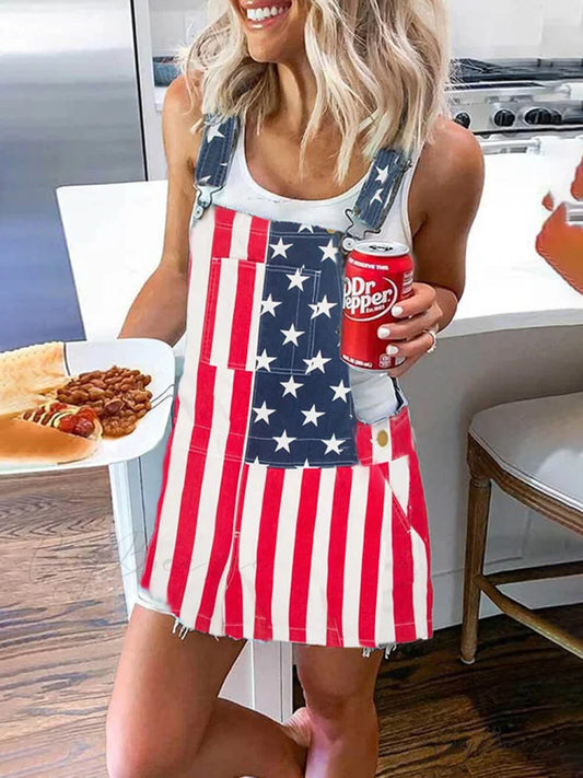 Independence Day Flag Print Graceful Pocket Strap Mini Dress Red / S