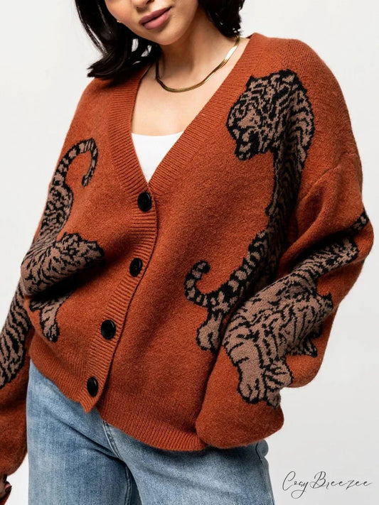 Informal Tiger Print Full Sleeve Cardigan purple / S cardigans-241228