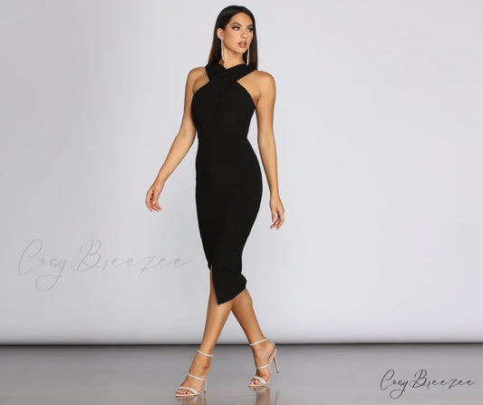 Ingrid Lurex Stylish X Front Dress BLACK / S