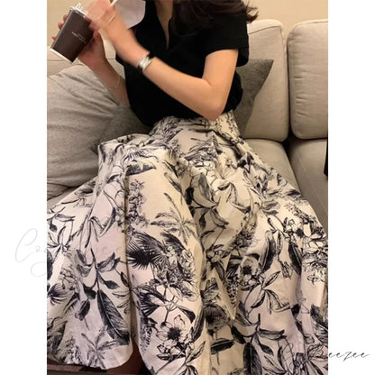 Ink Painting Skirt Women Autumn Winter High Waist Swing Skirt skirt-250126