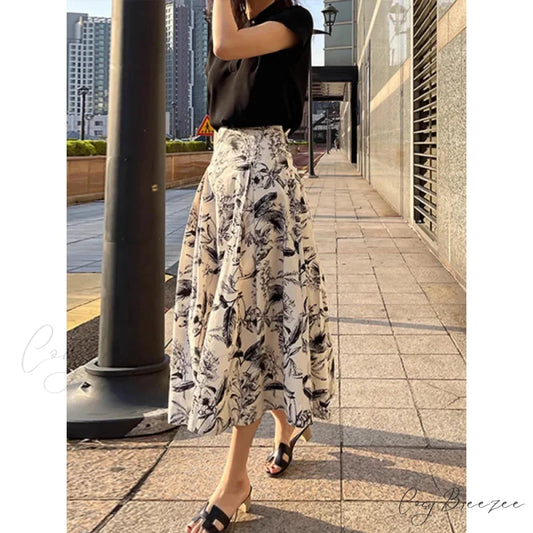 Ink Painting Skirt Women Autumn Winter High Waist Swing Skirt skirt-250126