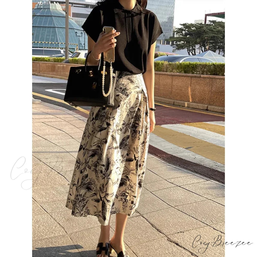 Ink Painting Skirt Women Autumn Winter High Waist Swing Skirt skirt-250126