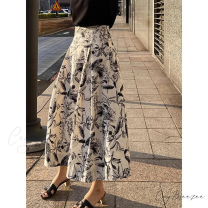 Ink Painting Skirt Women Autumn Winter High Waist Swing Skirt skirt-250126