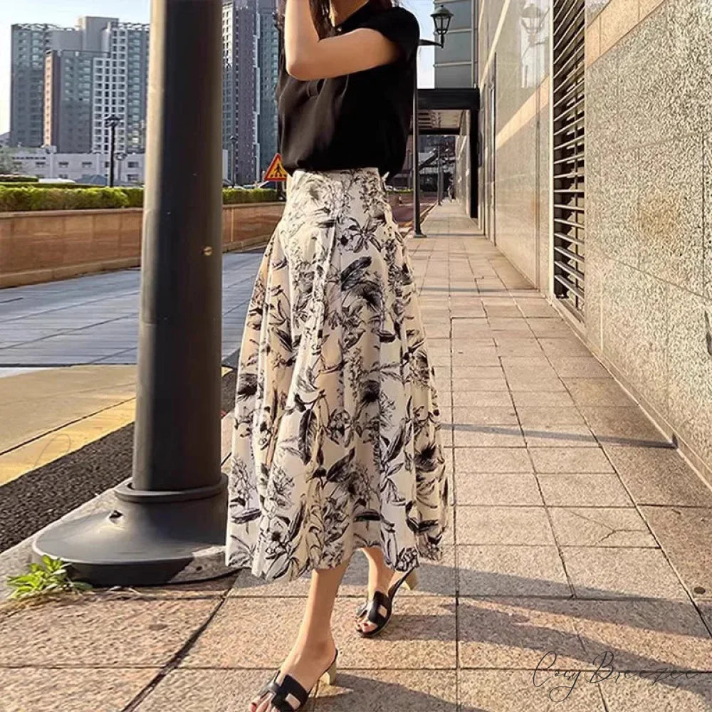 Ink Painting Skirt Women Autumn Winter High Waist Swing Skirt Picture Color / S skirt-250126