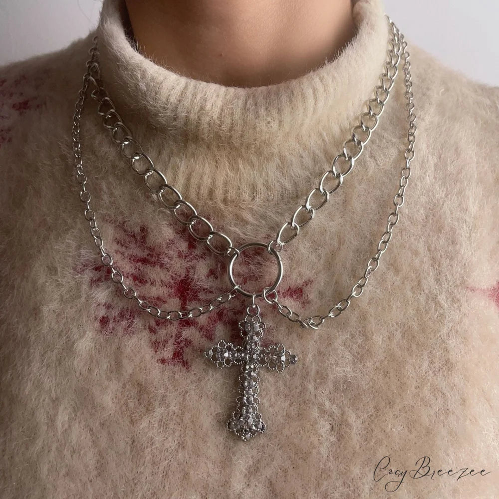 INS Alloy Vintage Diamond Cross Pendant Necklace SILVER