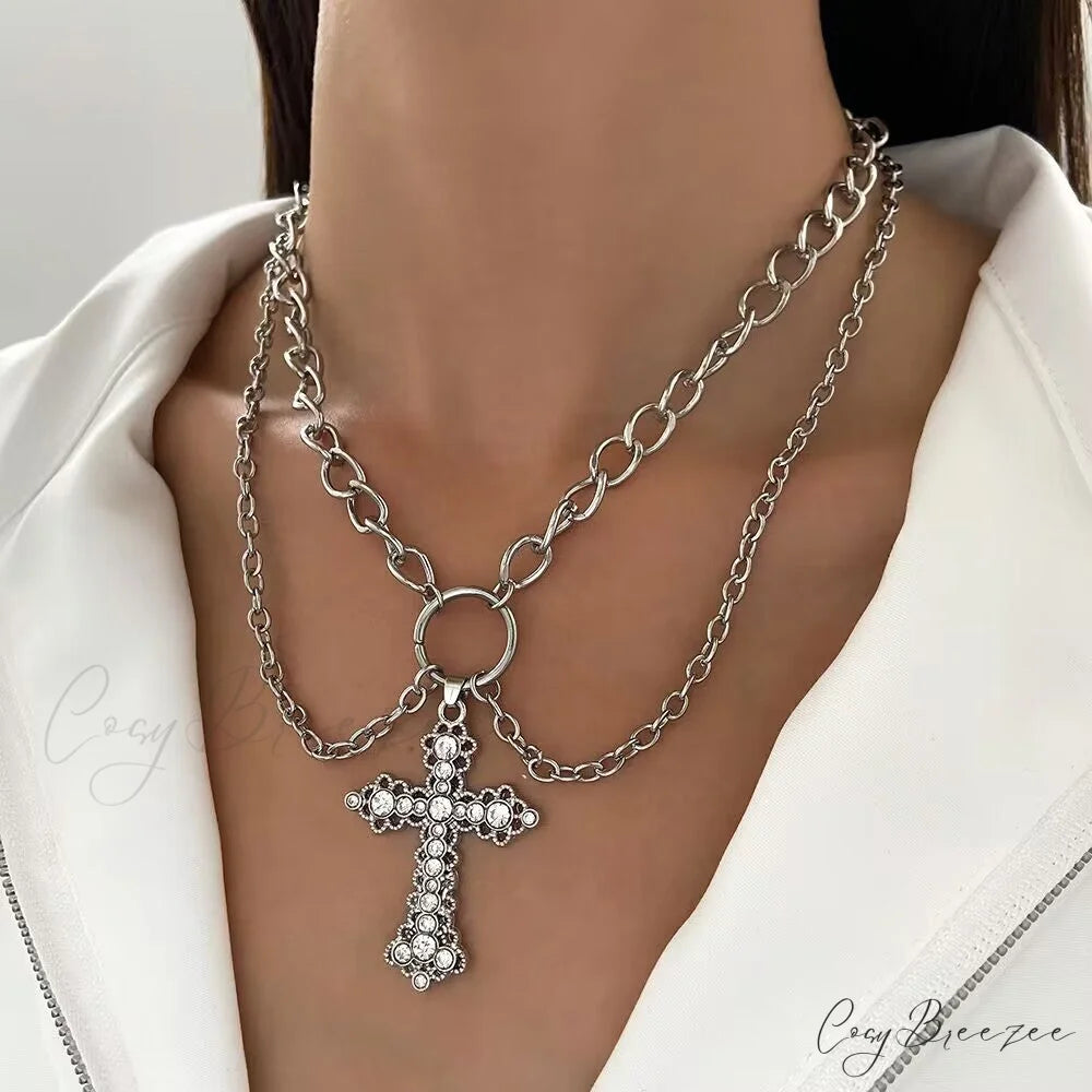 INS Alloy Vintage Diamond Cross Pendant Necklace SILVER